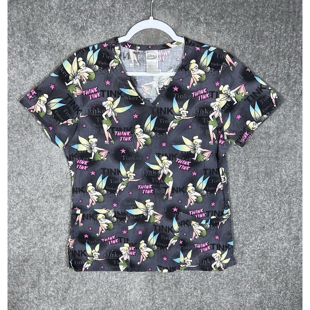 Disney Tinkerbell Think Tink Scrub Top Womens Size Small Gray V-Neck Pockets